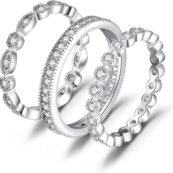 AAA Cubic Zirconia Promise Ring Set - 14K Gold Plated Sterling Silver for Women - Picture 1 of 6